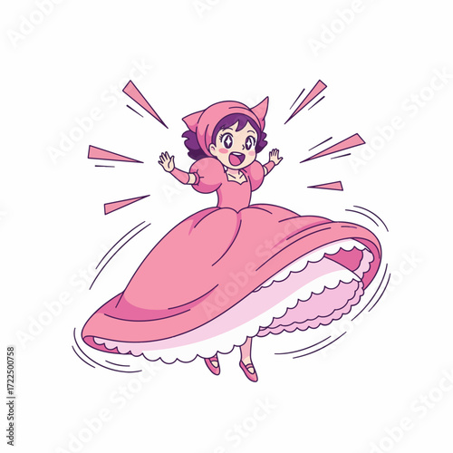 flat vector 2D — gilpy tiny body spinning with oversized flowy gown twirling around, 