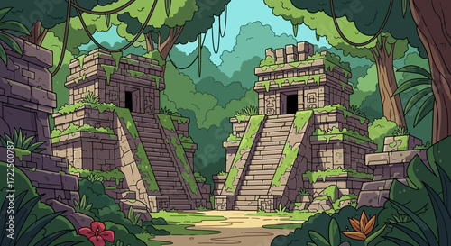 Ancient Mayan Temples Hidden in Lush Jungle.