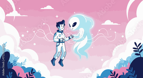 Astronaut encountering an alien creature in a surreal, dreamlike setting.