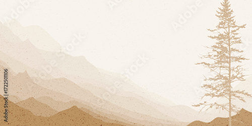 Sunrise in the mountains, sepia shades, retro effect, ridge gradients and trees, vector illustration
