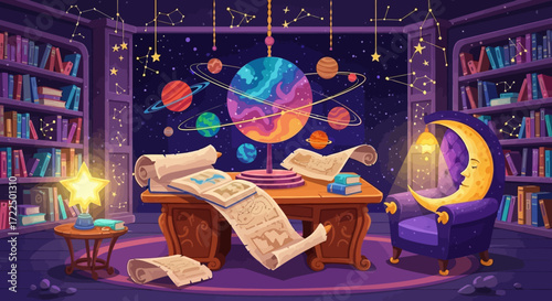 Astrology and astronomy study room with celestial objects and ancient scrolls.