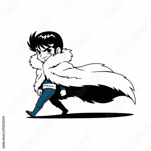 Flat 2D vector illustration, gilpy-style character anime 1980s inspired, tiny body walking forward with oversized fluffy coat trailing dramatically.