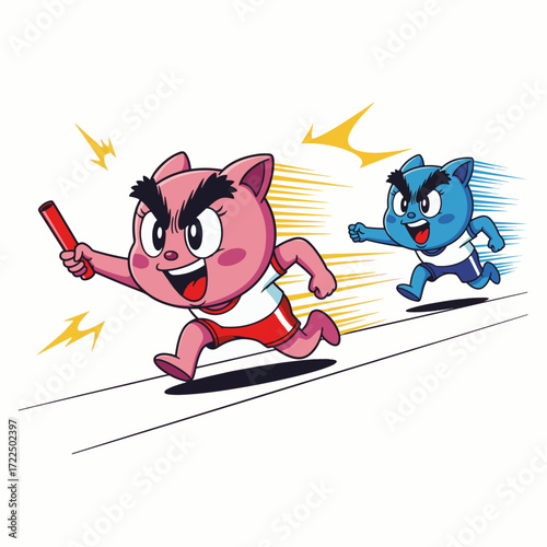 flat vector 2D — Two Gilpy characters in relay race, chibi bodies sprinting with oversized determined faces, one stretching arm with baton.