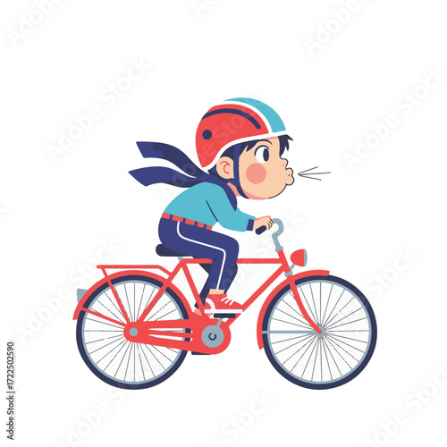 flat vector 2D — tiny body pedaling on oversized vintage bicycle, helmet slightly tilted.