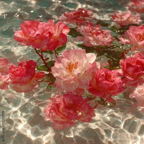 Delicate pink roses floating on water