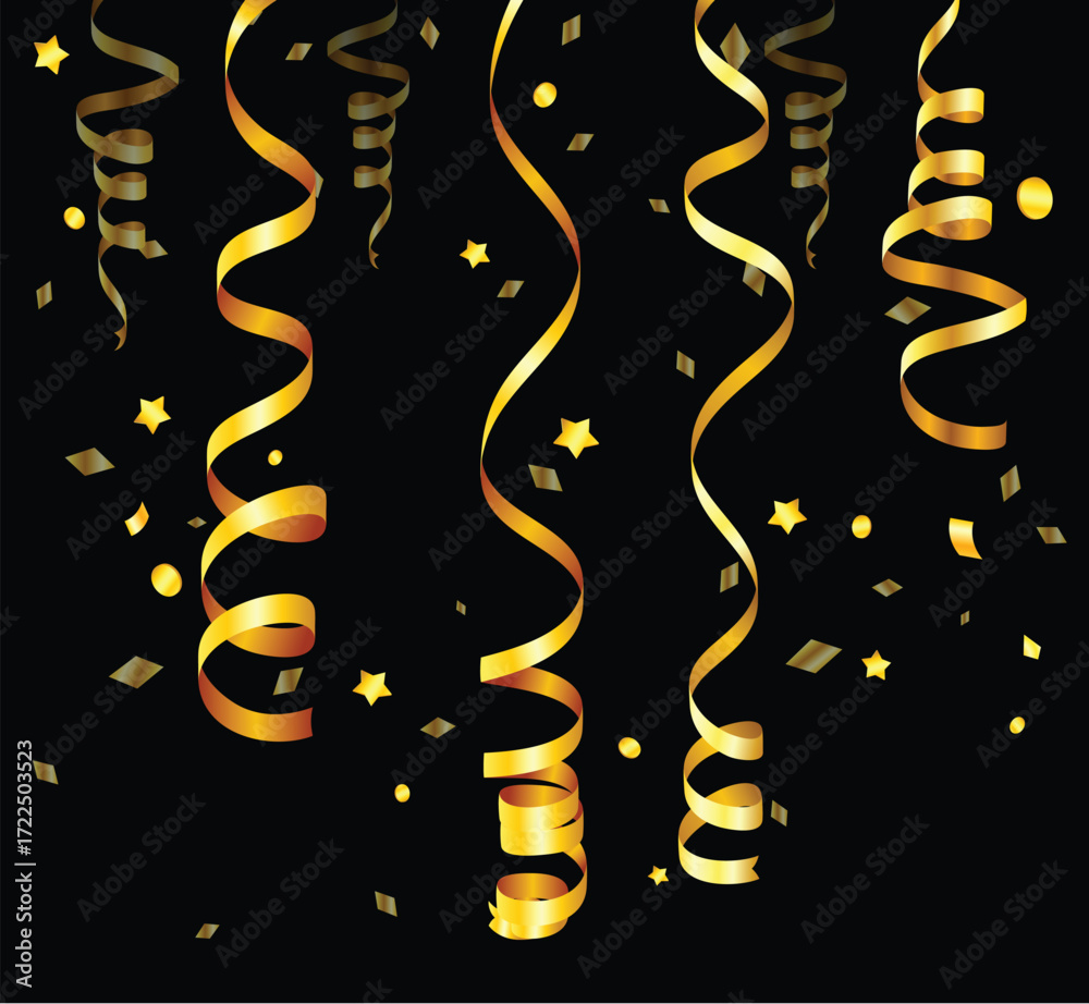 Obraz premium Elegant Golden Streamers and Stars on Black Background for Festive Celebration