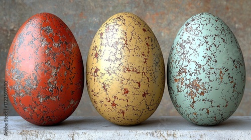 Vintage Cracked Texture Easter Eggs in Red, Gold, Turquoise