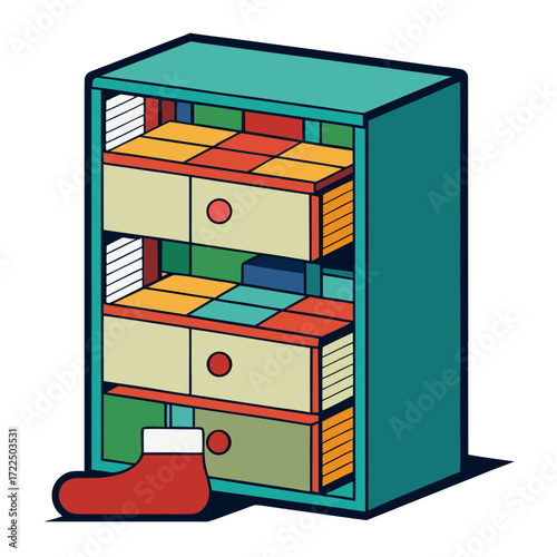 Colorful isometric cabinet with storage compartments and a red christmas stocking