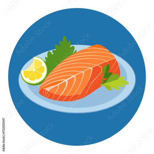 Fresh salmon fillet with lemon and parsley on a blue plate