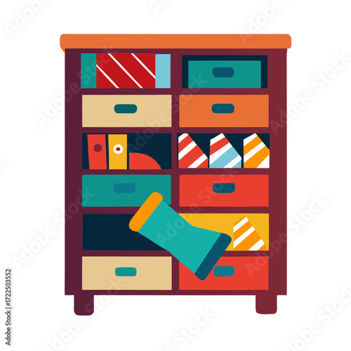 Colorful cabinet with organized and disorganized contents