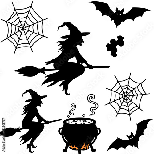 Two witches flying on broomsticks with bats, spider webs, and a bubbling cauldron—classic Halloween magic in black-and-white style.