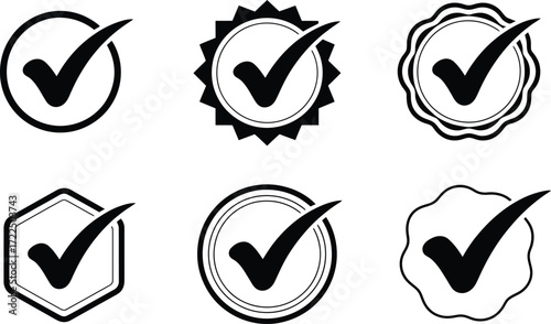 Collection of Six Checkmark Icons in Various Seal Designs