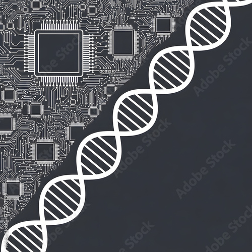 Digital circuitry and biological DNA helix elegantly intertwine, representing the convergence
