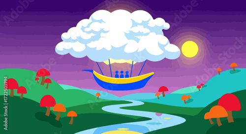 Cloud hot air balloon floating in a whimsical landscape.