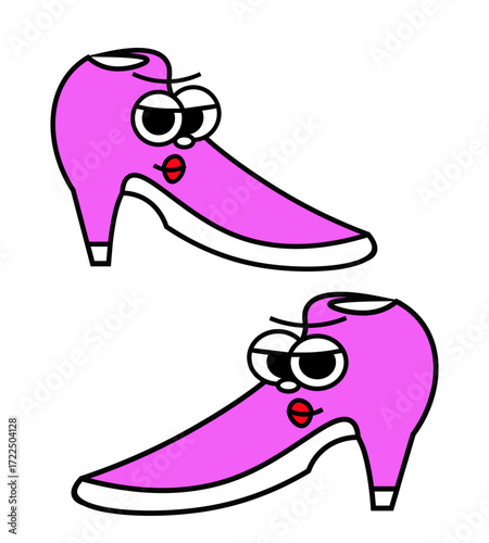 Charming digital illustration of vibrant pink high heels with expressive, animated faces, perfect for projects requiring a fun and stylish footwear graphic