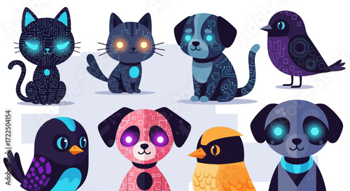 Collection of adorable robotic animals with glowing eyes.