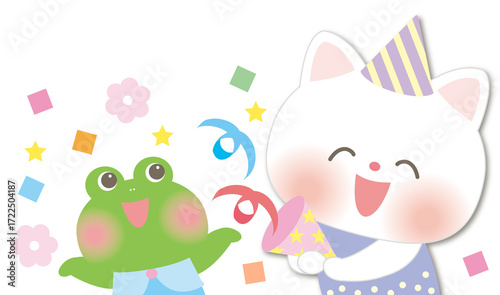 お誕生日おめでとう_クラッカーを鳴らすねことカエル