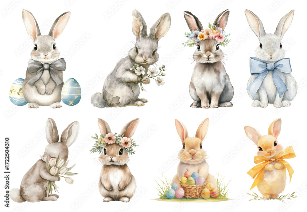 Fototapeta premium PNG Charming watercolor bunnies collection, element set on transparent background