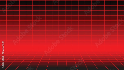 Perspective red grid background fading to black, creating a futuristic and technological space illustration
