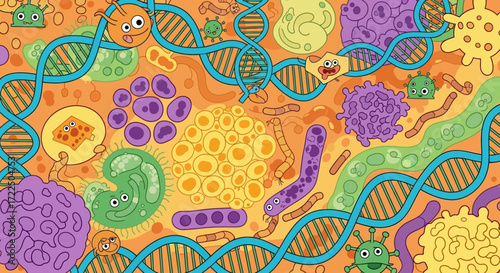 Colorful cartoon illustration of various microorganisms and DNA strands.