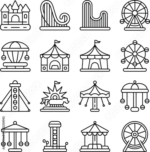 Amusement, park, carnival, icon, set, line, art, silhouette, Ferris, wheel, roller, coaster, swing, ride, circus, tent, castle, pavilion, entertainment, vector