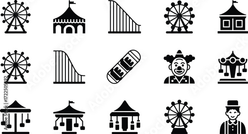 Carnival, amusement, park, silhouette, icon, set, Ferris, wheel, roller, coaster, circus, tent, clown, face, carousel, booth, ticket, swing, ride, entertainment