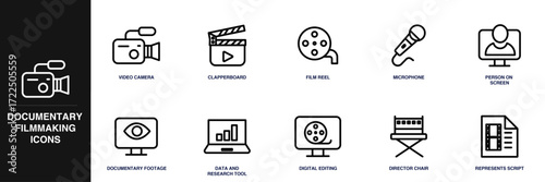 Documentary Filmmaking Line Icon Set