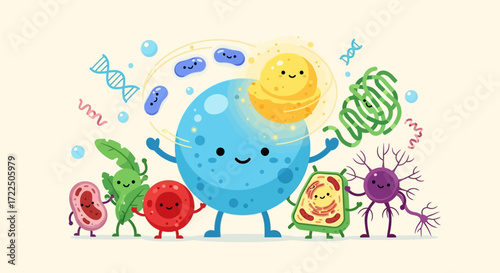 Cute cartoon Earth surrounded by various microorganisms and cells.