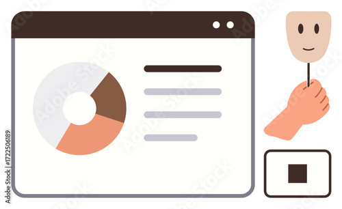 Pie chart and text in a browser window, hand holding a smiling mask, and a stop button icon. Ideal for data analysis, anonymity, identity, privacy, technology, user interface simple flat metaphor