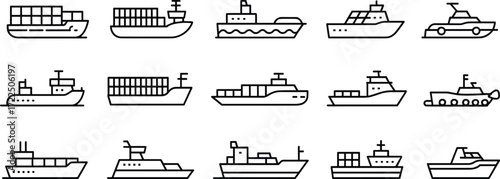 Ship, boat, icon, set, silhouette, cargo, container, passenger, transport, marine, vessel, ocean, cruise, ferry, yacht, sailboat, line, drawing, nautical, illustration