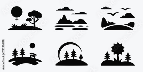 Set of vector nature landscape and outdoor scene silhouettes icons