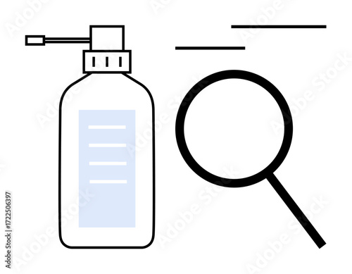 Magnifying glass near sanitizer bottle emphasizing hygiene, scrutiny, safety, and detailed observation. Ideal for health, cleanliness, research, safety, preventive care inspection simple flat
