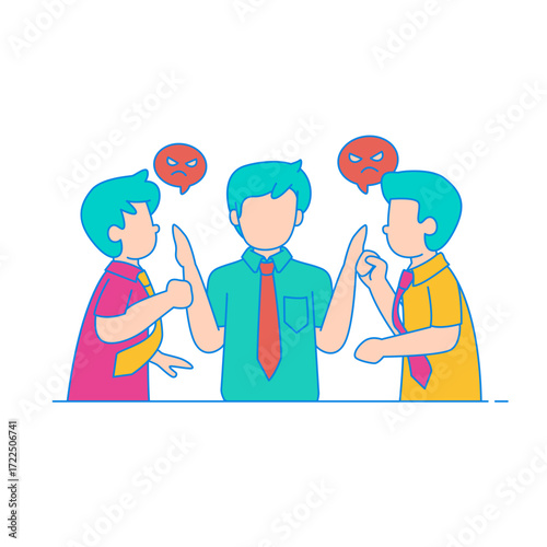 Stop . Three people in a disagreement with angry emojis isolated on transparent background.