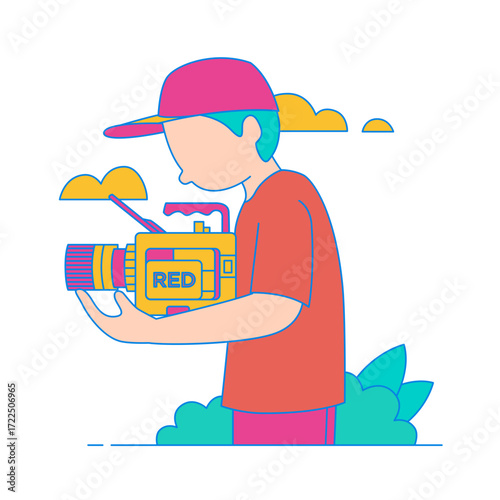 Camera man. Man holding a red digital cinema camera isolated on transparent background.