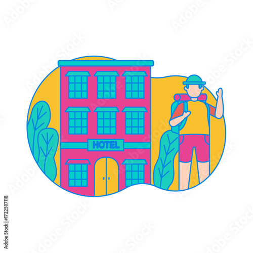 Hotel. Traveler arriving at a colorful hotel building isolated on transparent background.