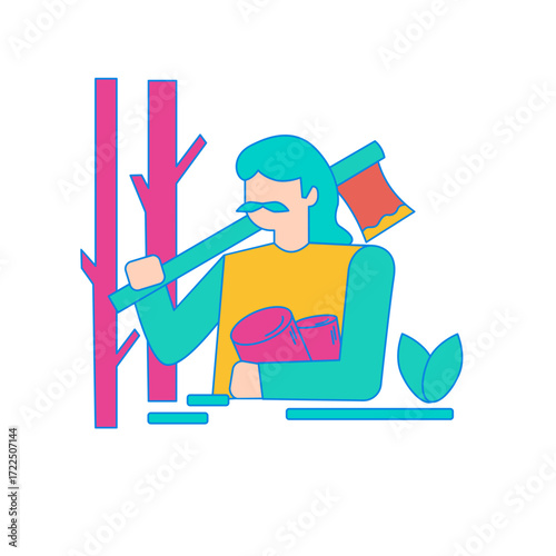 Lumberjack. Lumberjack with axe and wood logs isolated on transparent background.