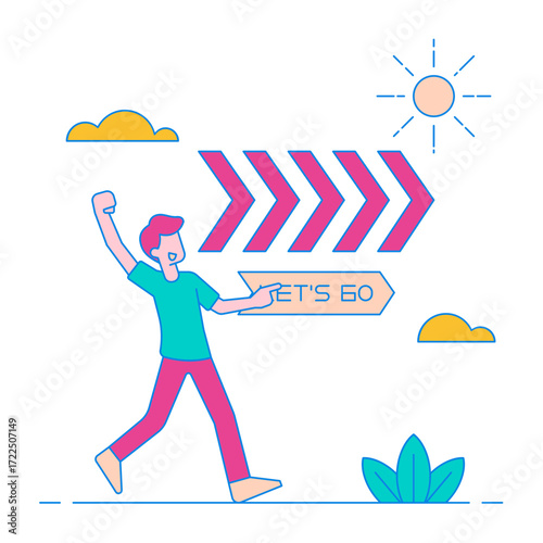 Let's Go button. Happy person with let s go sign and directional arrows isolated on transparent background.