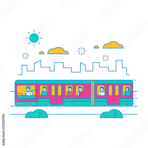 LRT. Colorful train with passengers in a city skyline isolated on transparent background.
