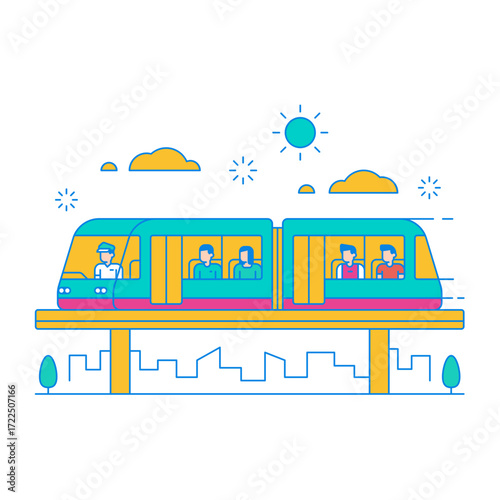 MRT. Modern train with passengers traveling above city skyline isolated on transparent background.
