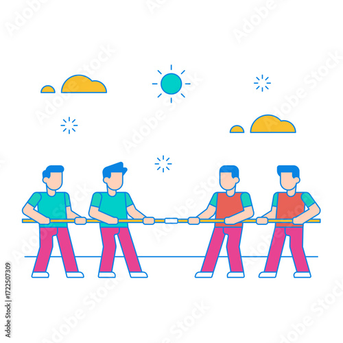 Tug of war. Team pulling rope in tug of war competition isolated on transparent background.