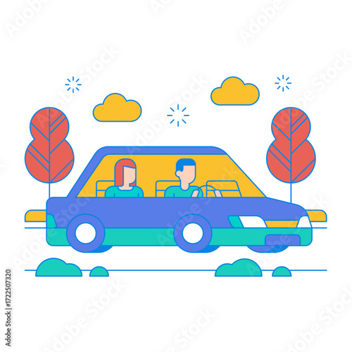 Uber. Couple driving a car on a road with trees and clouds isolated on transparent background.