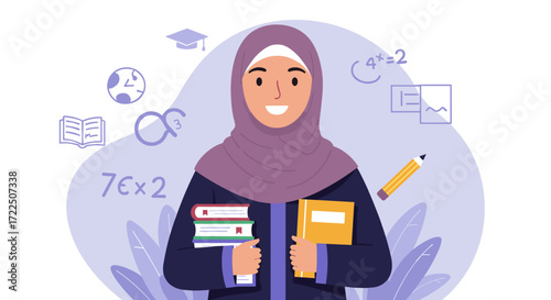 Smiling Muslim Student in Hijab Holding Books with Math Symbols - Flat Education Vector Illustration