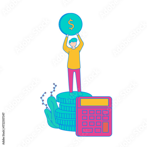 Accounting. Man holding dollar coin above stack of coins with calculator isolated on transparent background.