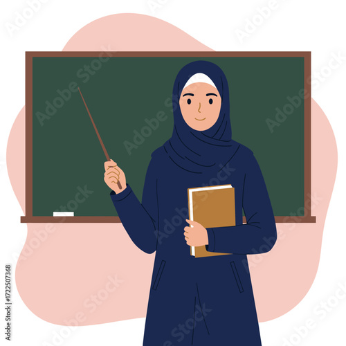 Muslim Teacher in Classroom with Chalkboard and Laptop