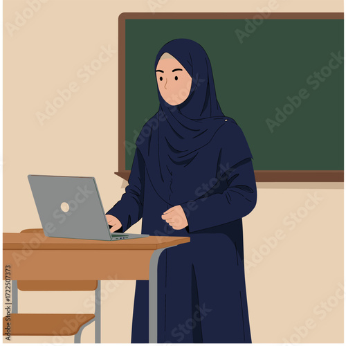 Muslim Teacher in Classroom with Chalkboard and Laptop
