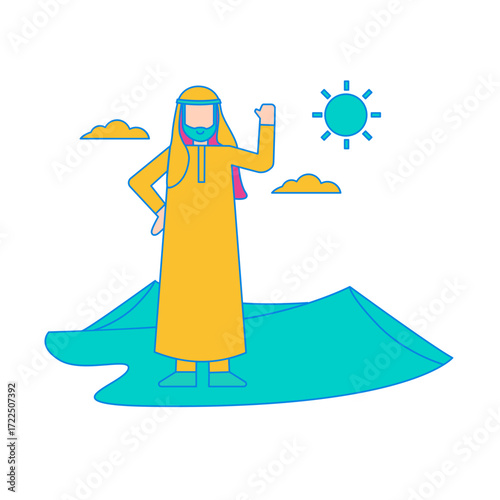 Arab Sheikh in Desert. Man in traditional clothing waving on a desert landscape isolated on transparent background.