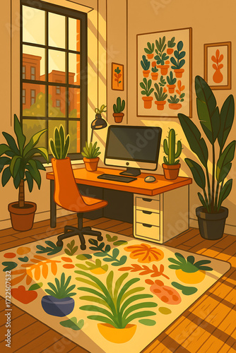 Wallpaper Mural Cozy and vibrant home office interior illustration with a computer desk, houseplants, and warm afternoon sunlight streaming through the window Torontodigital.ca
