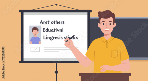 Cheerful Teacher Engaging Students in Classroom with Tablet and Chalkboard