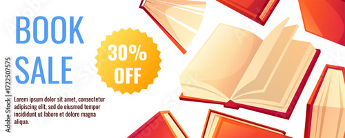 Horizontal flyer with red books in different positions, with the text bookstore, 30 percent sale. Poster template for a book market. Bookstore, library, reading concept, book festival. World Book Day