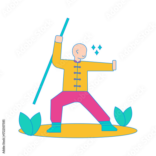 Chinese Kungfu. Person practicing martial arts with a staff isolated on transparent background.